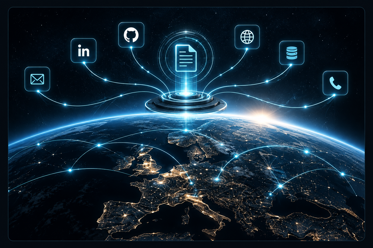 Digital signals — email, LinkedIn, GitHub, web, database and phone — converging into a structured evidence report